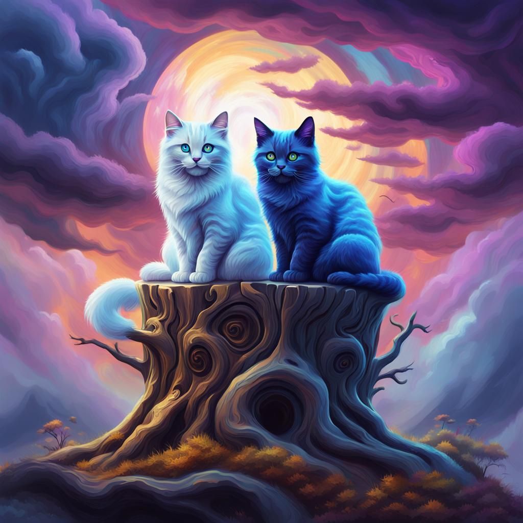 Mystical Ying-Yang Cats in Vibrant Oil Painting