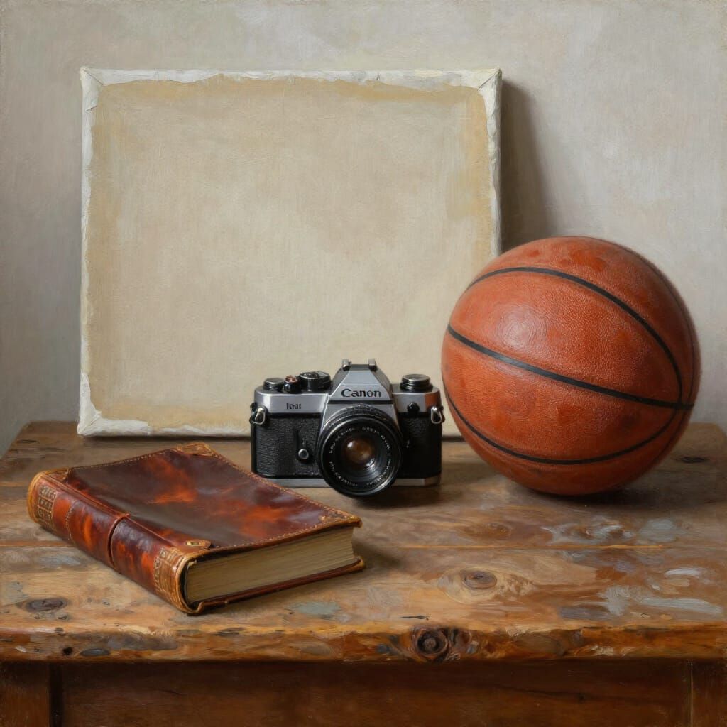 Still Life Oil Painting of Art Objects on Table