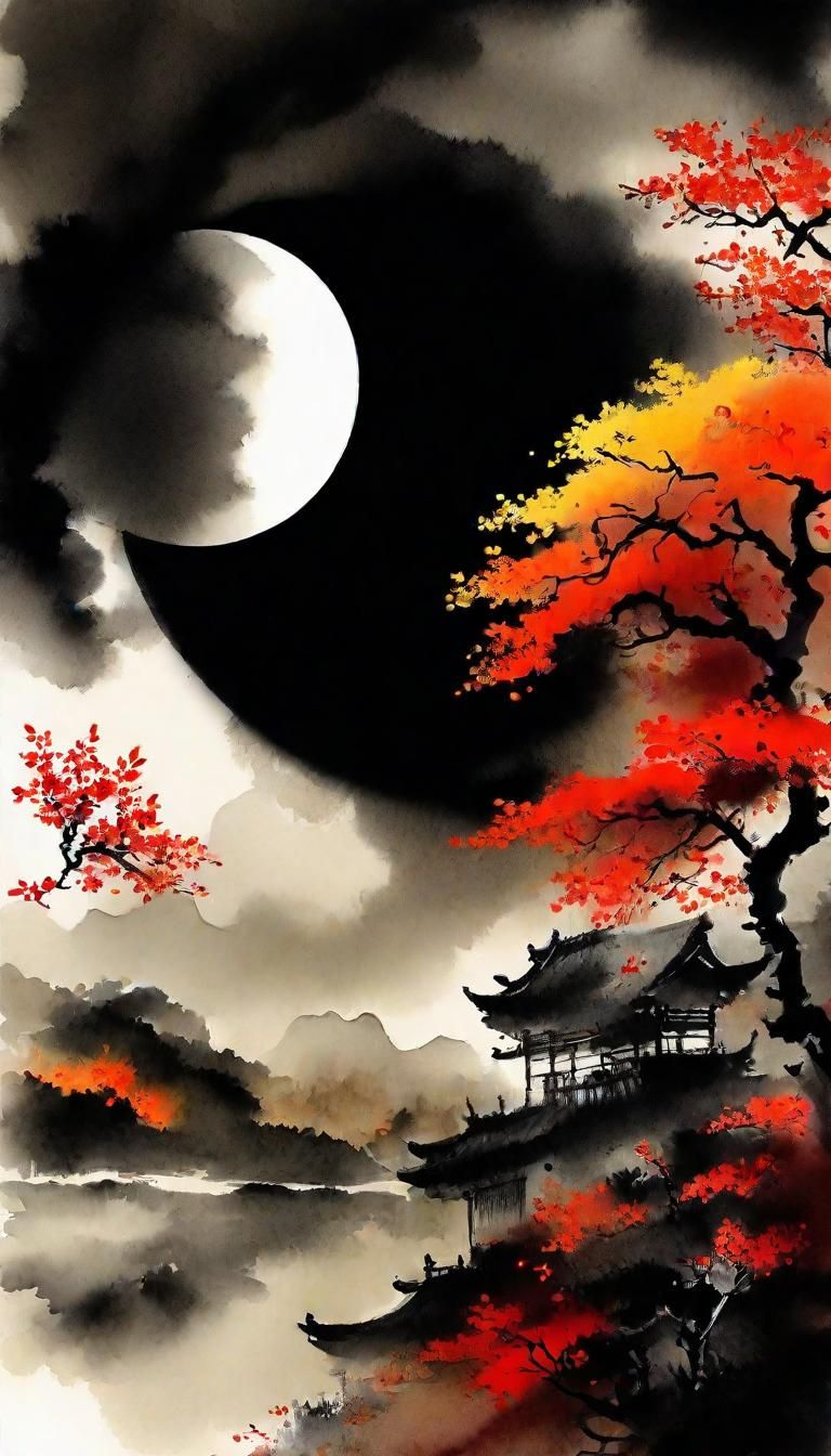 Autumn Night: Chinese Ink Painting of Nature