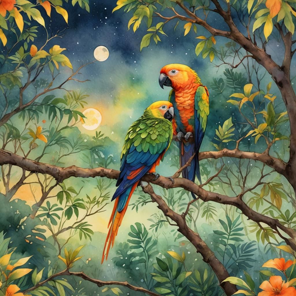 Parrot in Moonscape: Vibrant Watercolor Concept Art