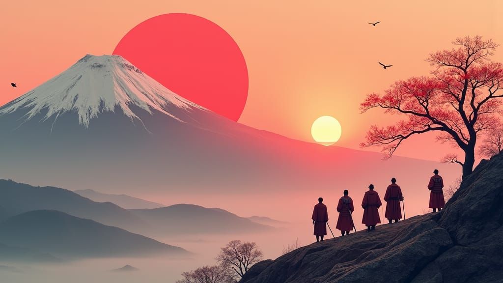 Mount Fuji Landscape with Samurai in Classical Style