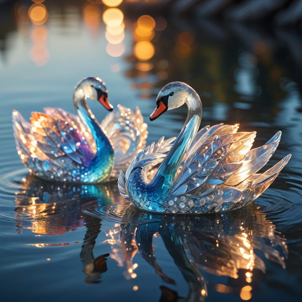 Crystal Swans Floating on a Sparkling Sea