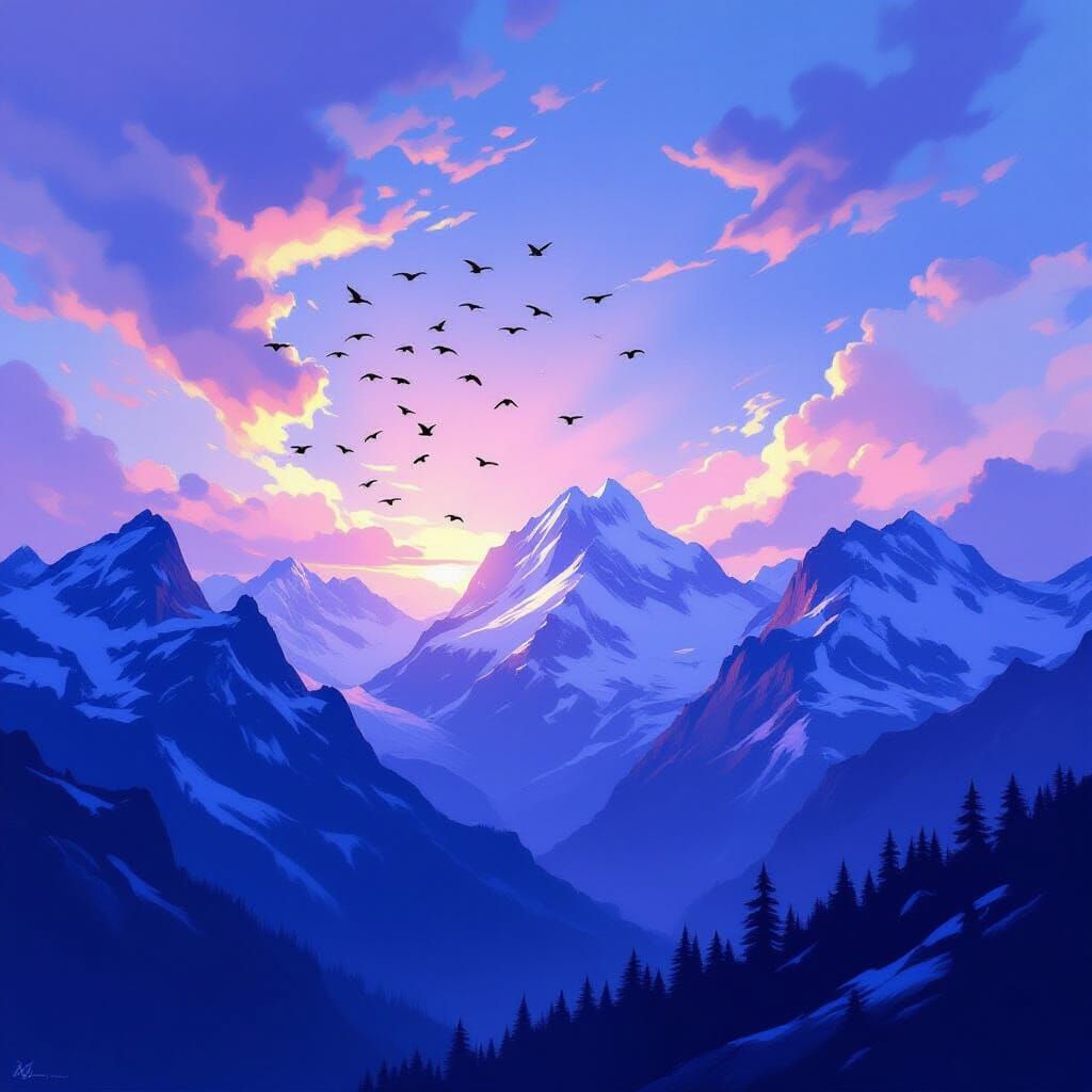 Majestic Mountain Landscape with Soaring Birds