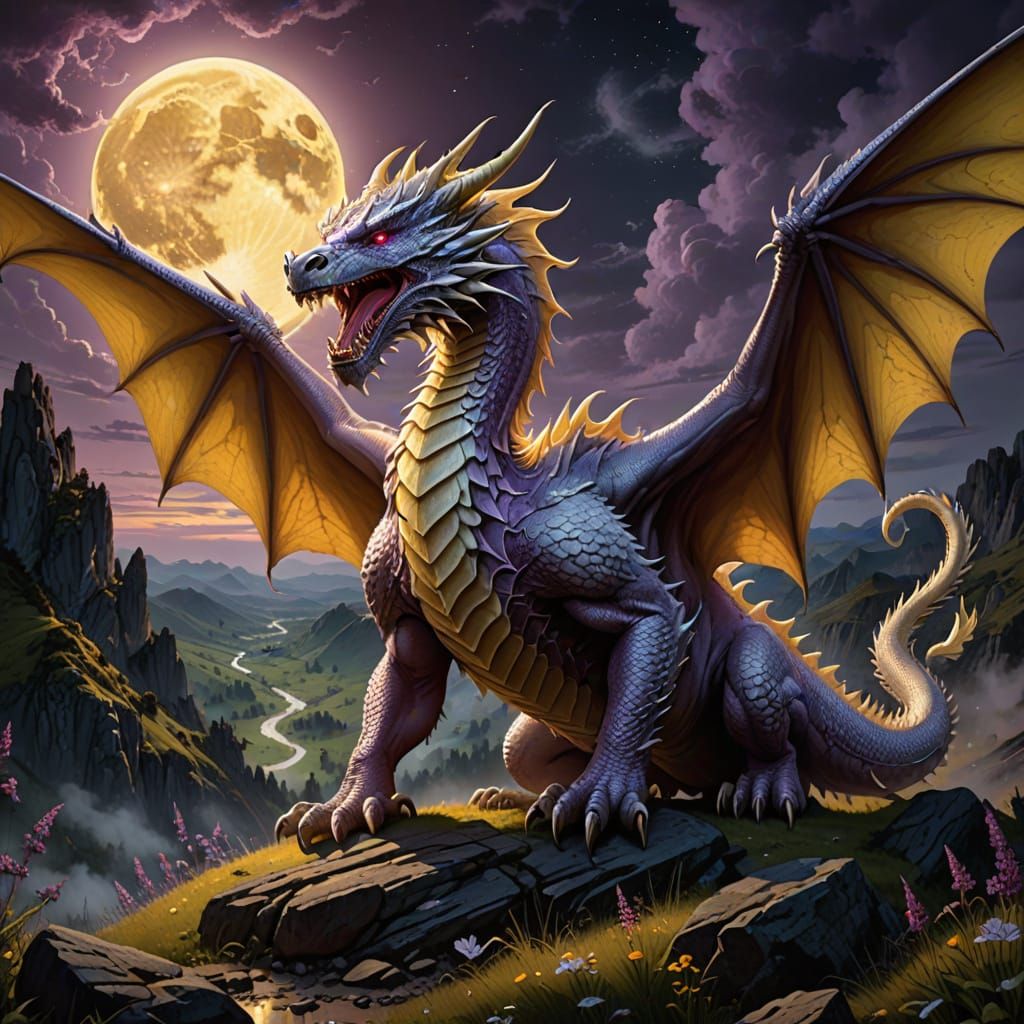 Noble White Dragon Roars at Full Moon Over Hill