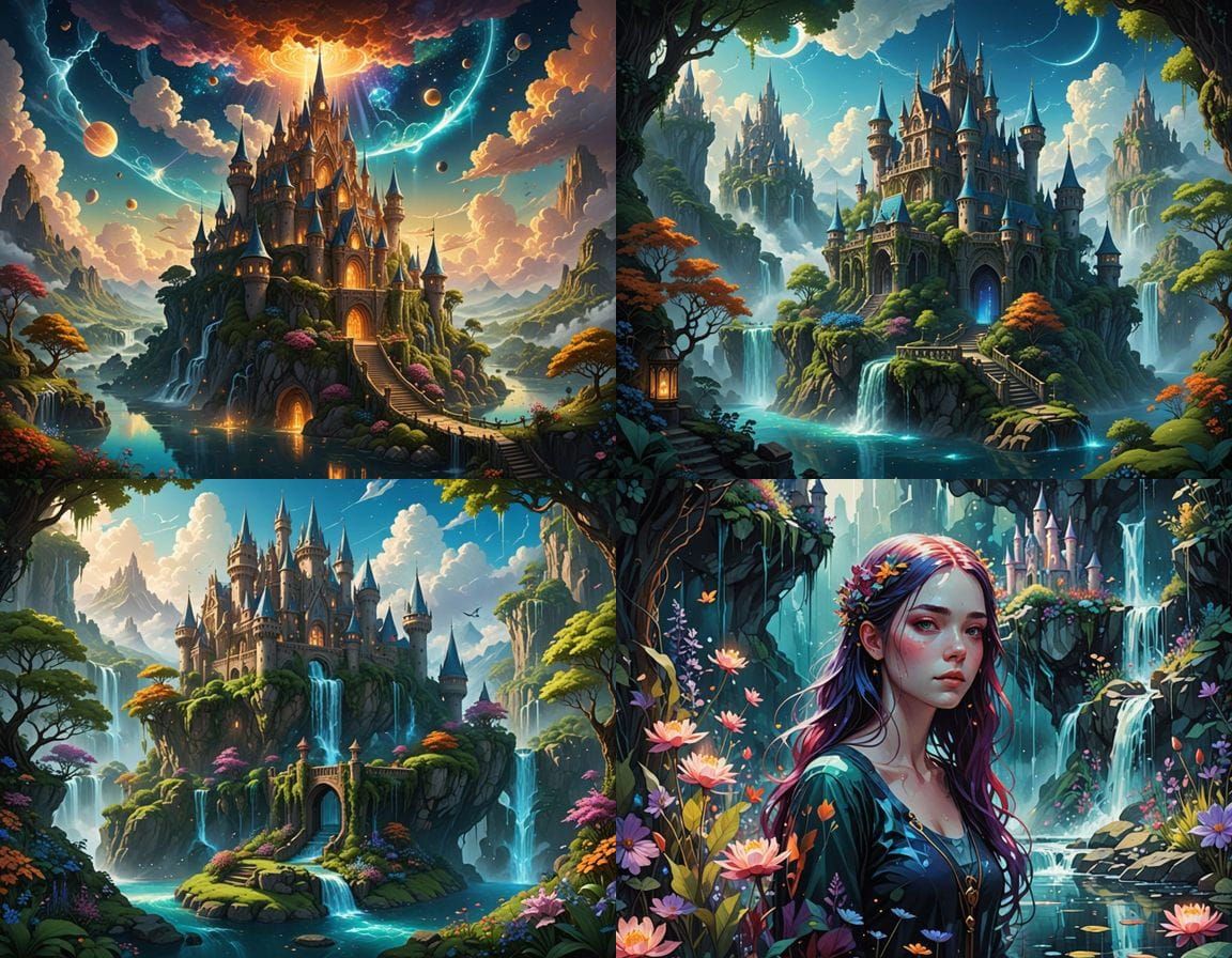 Floating Castle in Clouds with Magical Elements