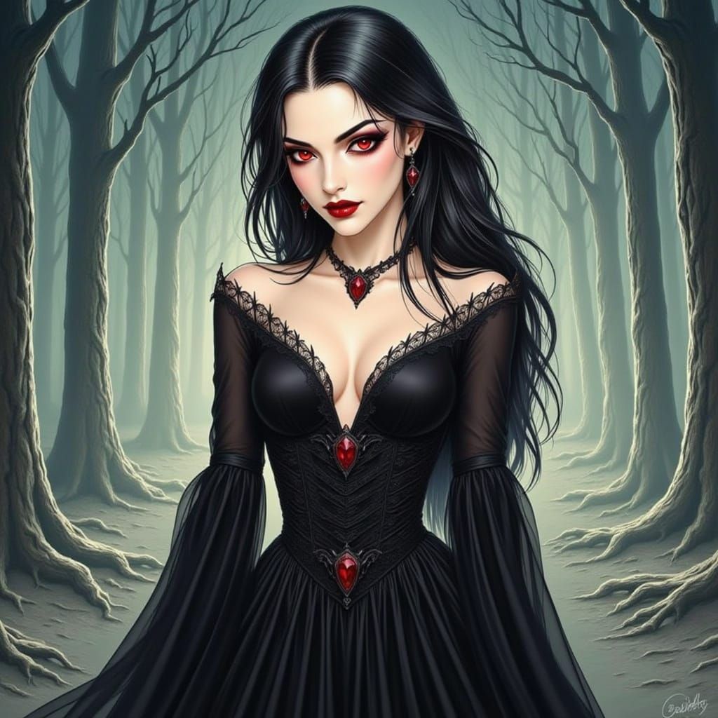 Vampire Woman in Dark Forest, Gothic Fantasy Style