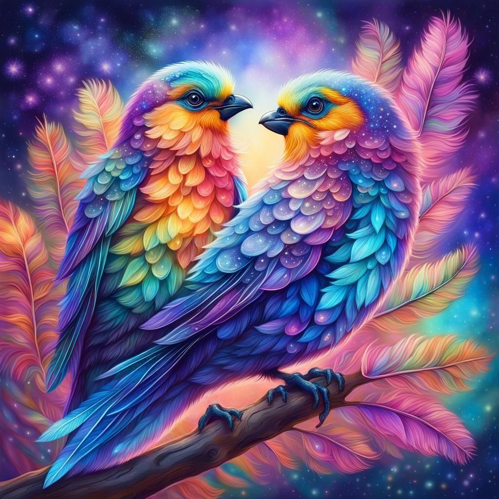 Colorful Fluffy Birds on Branch: Astral Cosmic Illustration