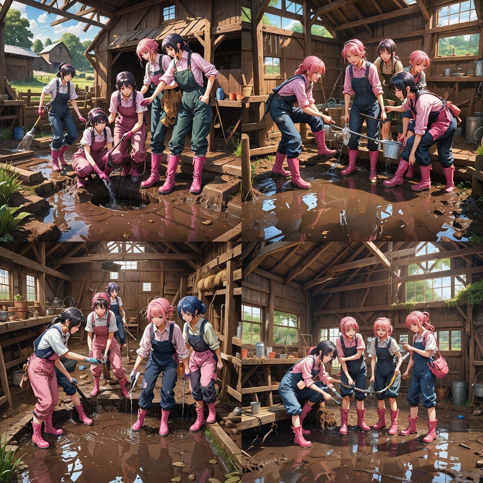 Anime Girls Repairing Pipe on Flooded Farm