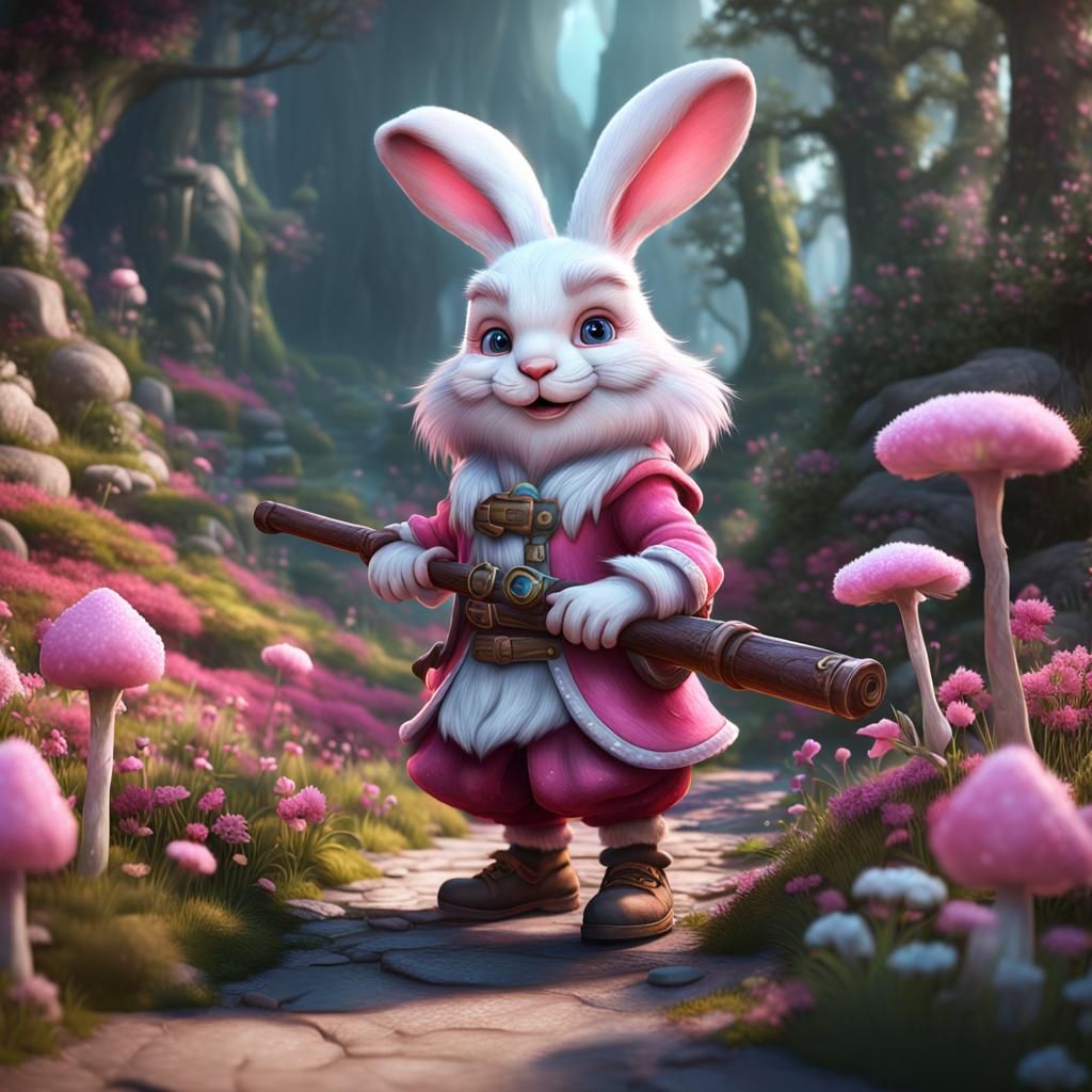 Fantasy Gnome and Woman with Rabbit in Pink