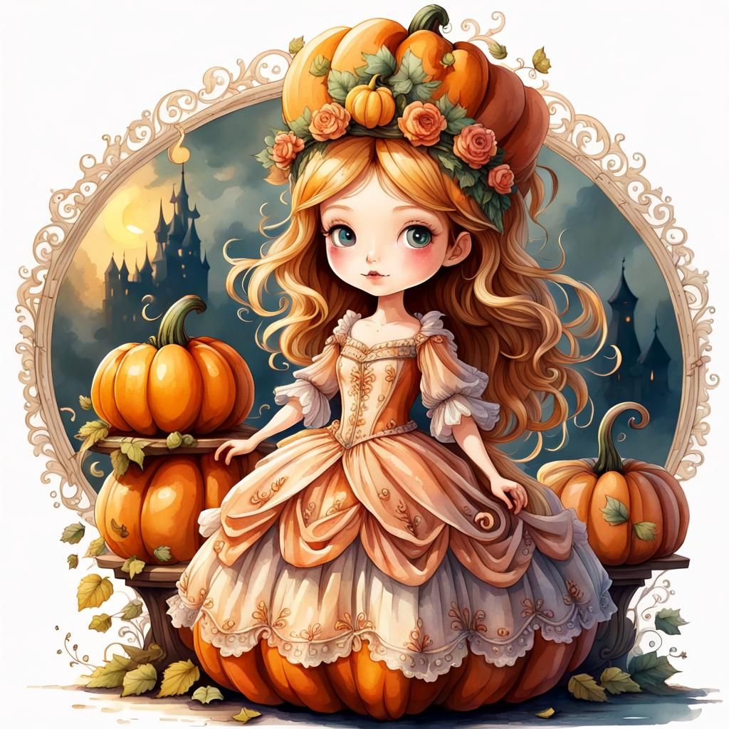 Cute Pumpkin Princess in Watercolor Style