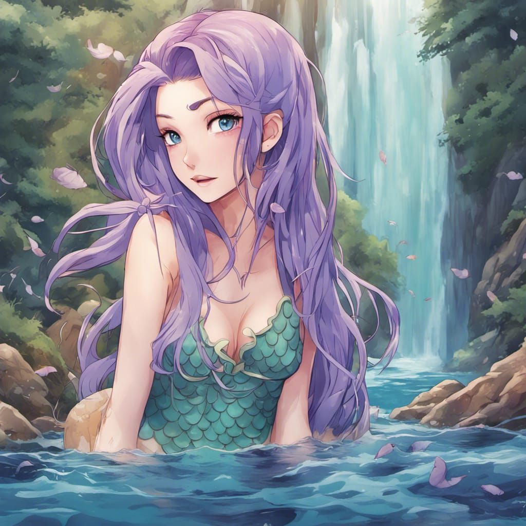 Anime Mermaid with Lavender Hair by Waterfall