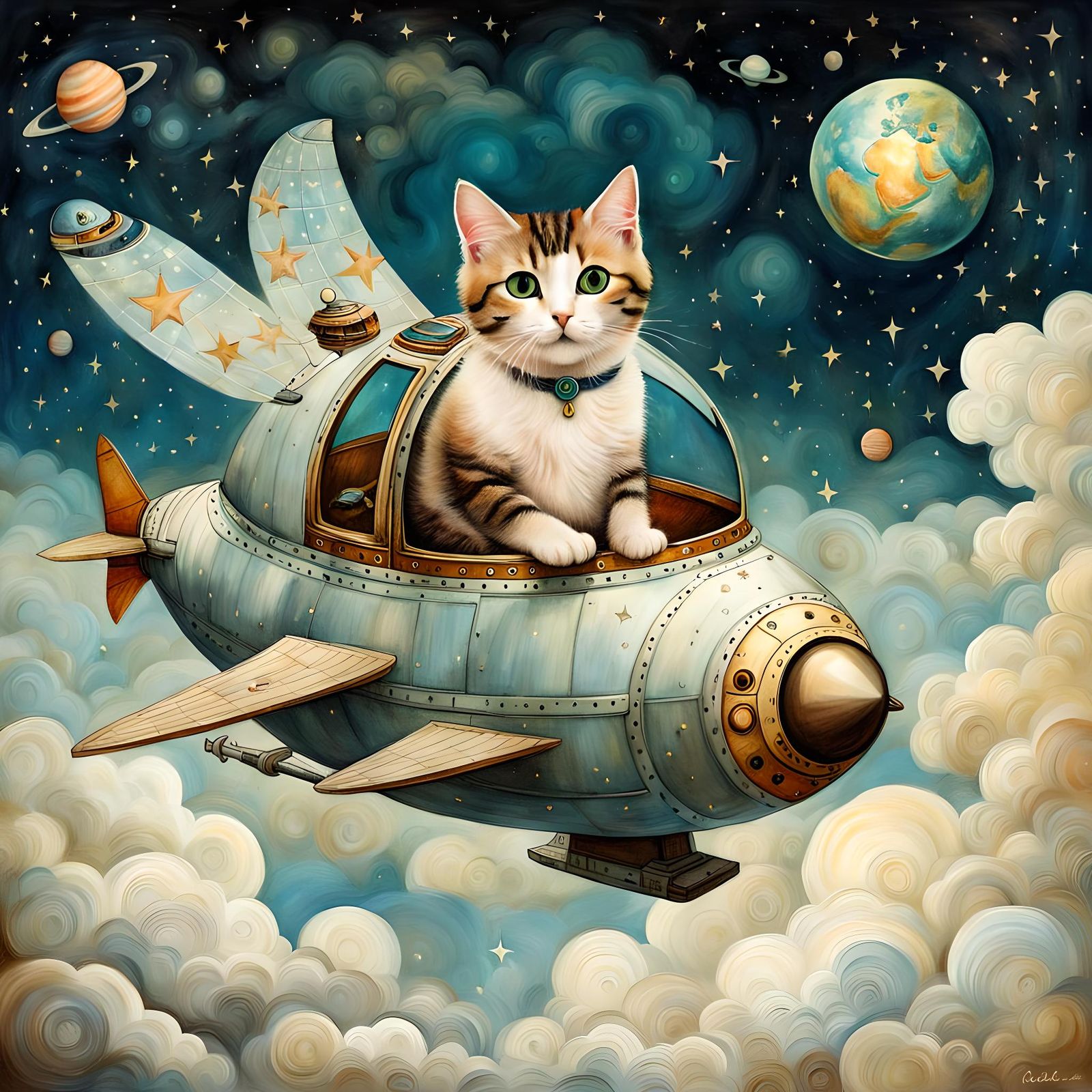 Cat flying on a Spaceship