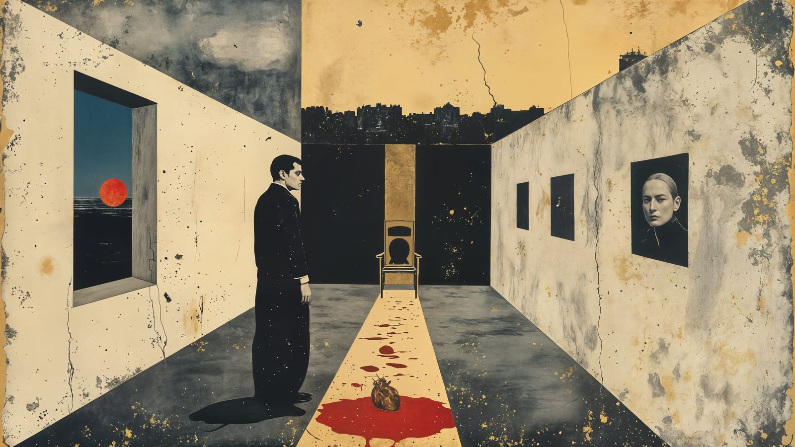 Surrealist Painting in Greige Tones with Gold Leaf Accents