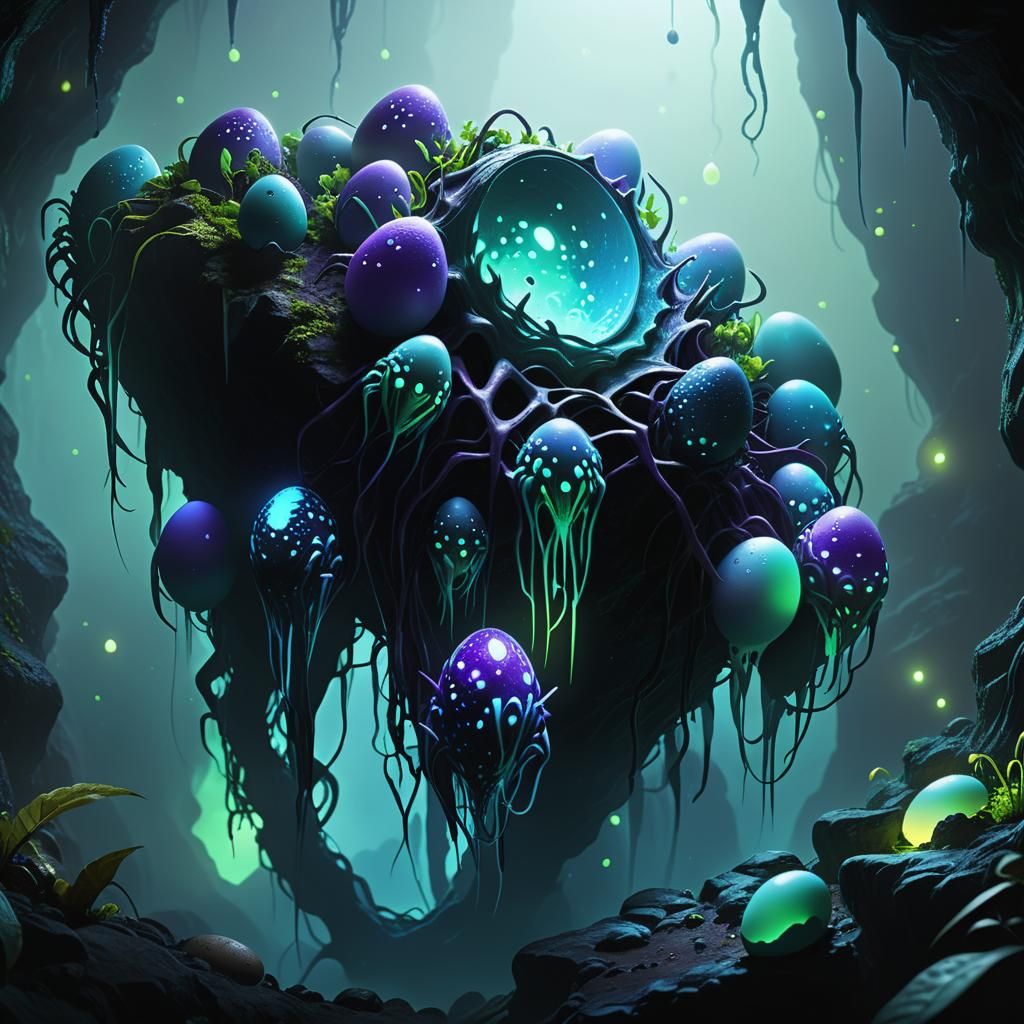 Bioluminescent Alien Spider Eggs in Misty Cavern