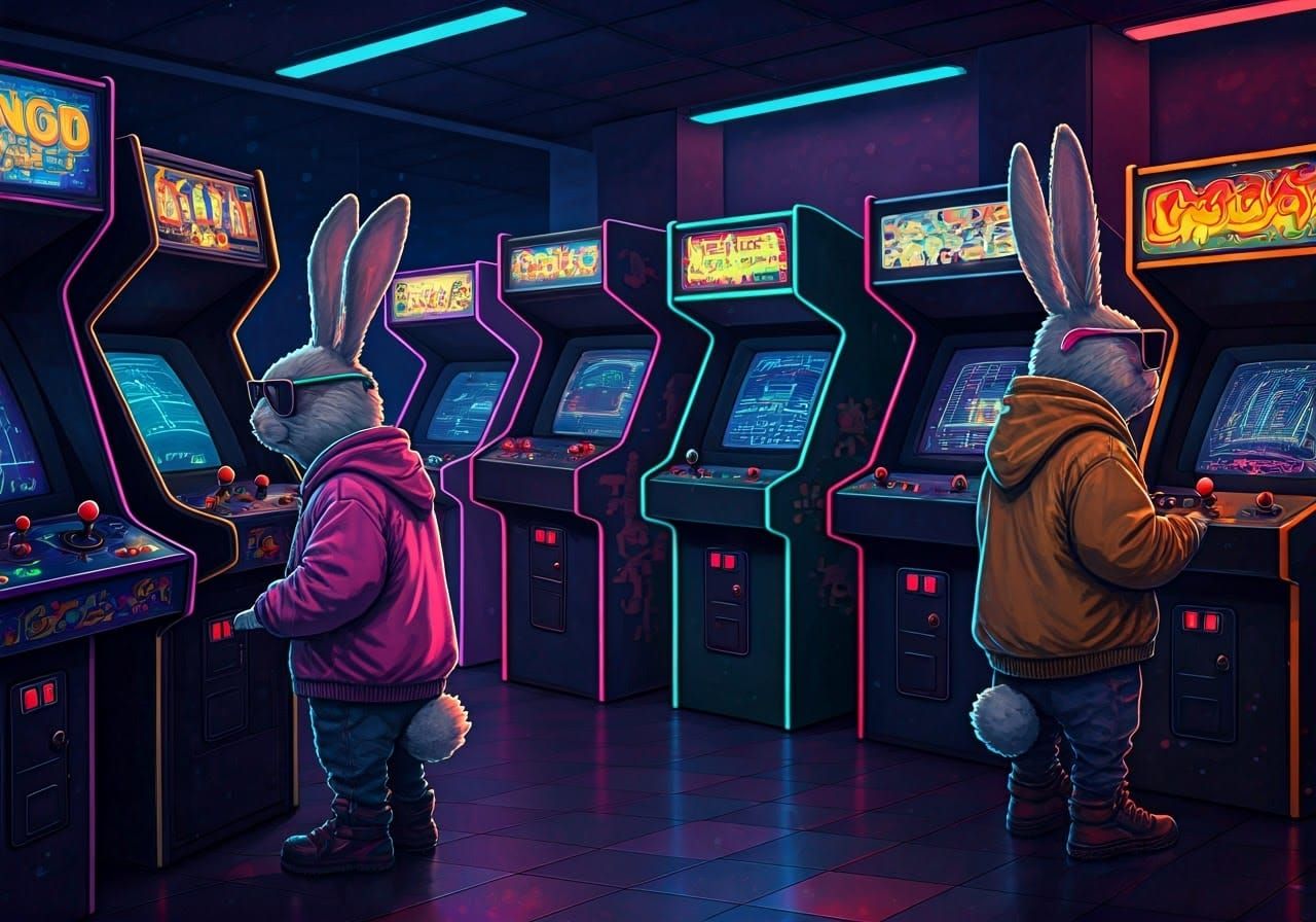 Rabbits in Retro Arcade Gameplay