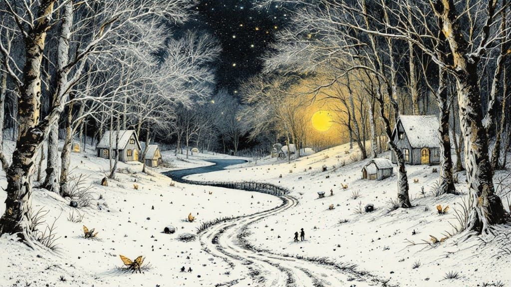 Whimsical Winter Wonderland in Ink and Fantasy Style