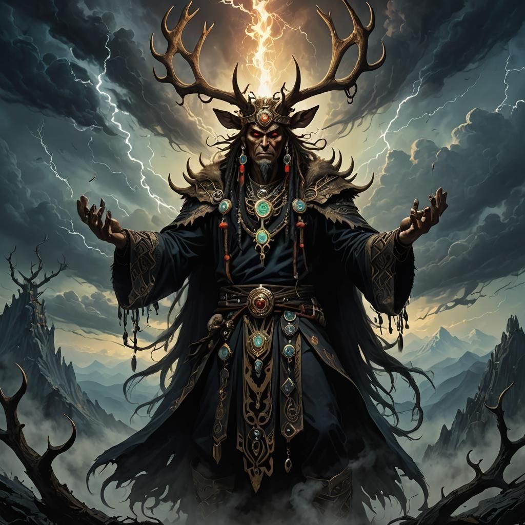 Evil Shaman Warlock with Antlers in Conceptual Art
