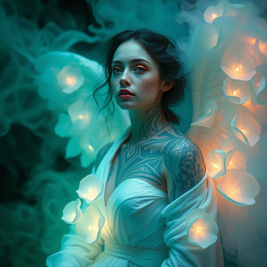 Ethereal Angel in Turquoise Mist with Geometric Tattoos