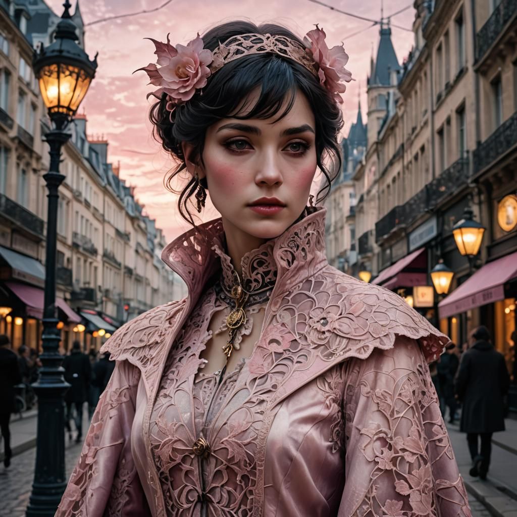 Gothic Art Nouveau Woman in Pink Lace