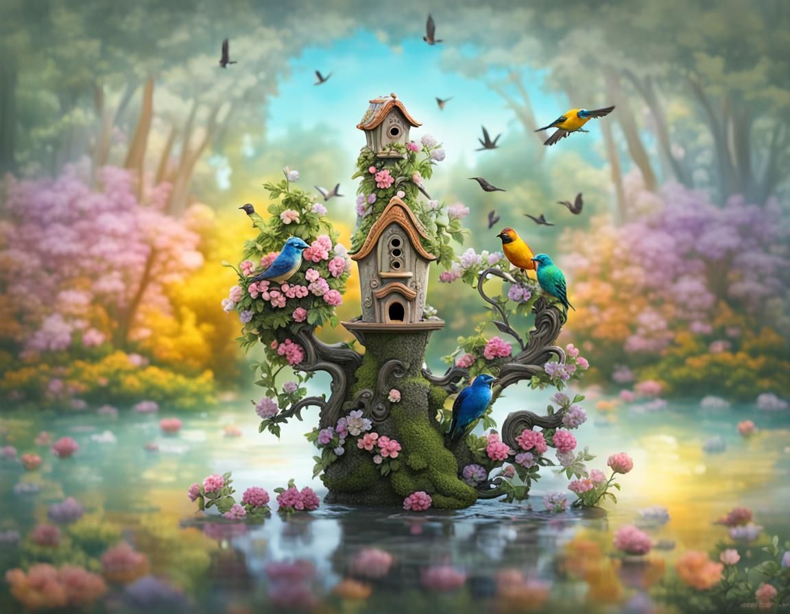 Ornate Birdhouse in Rococo Art Nouveau Garden