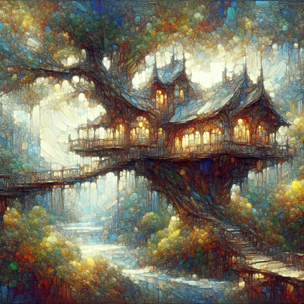 Stained Glass Treehouse in Gouache Watercolor Style