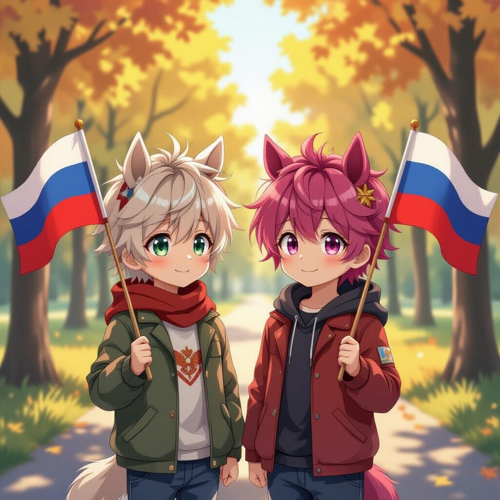 Anime Boys with Horse Ears in Morning Park