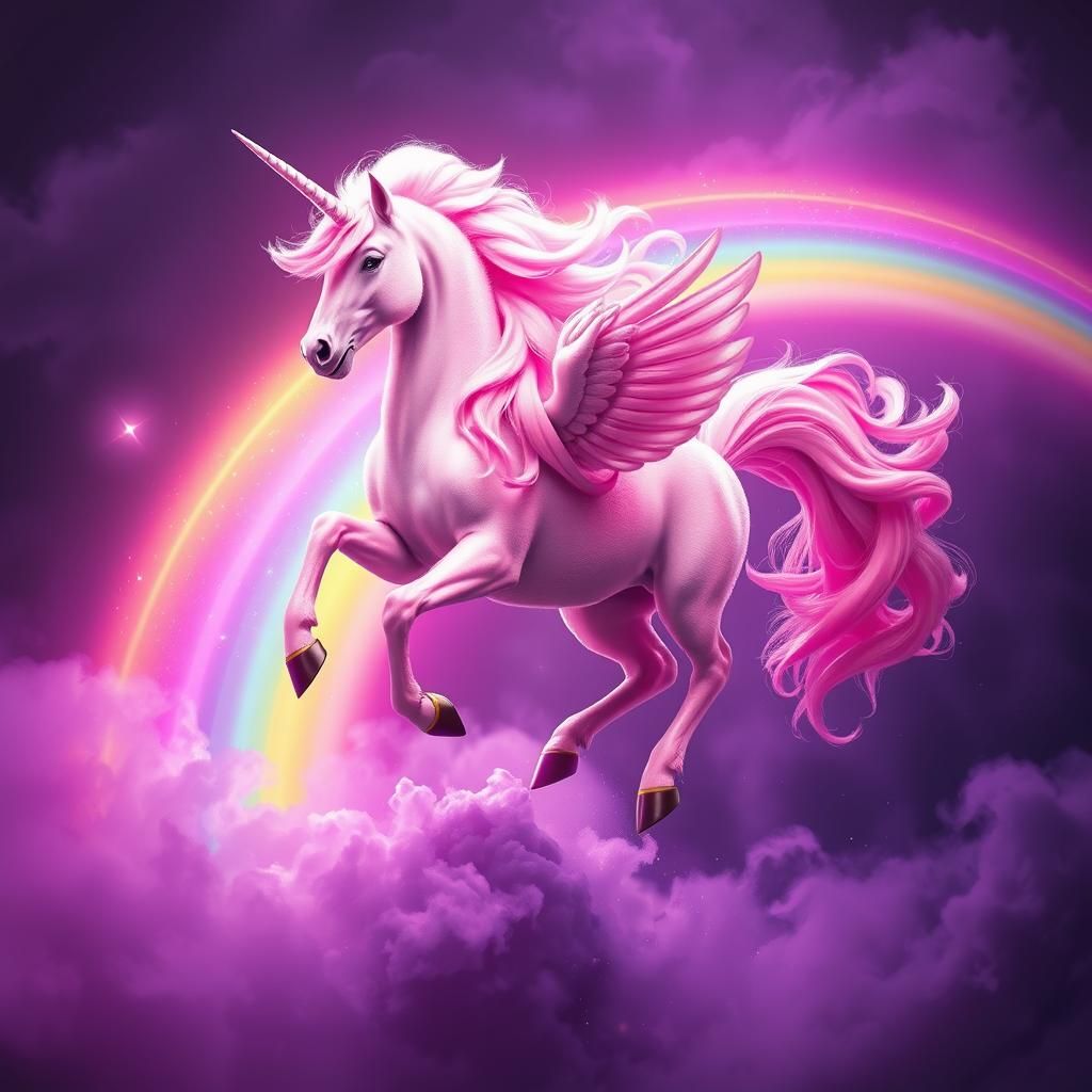 Pink Unicorn Dances on Rainbow in Digital Art