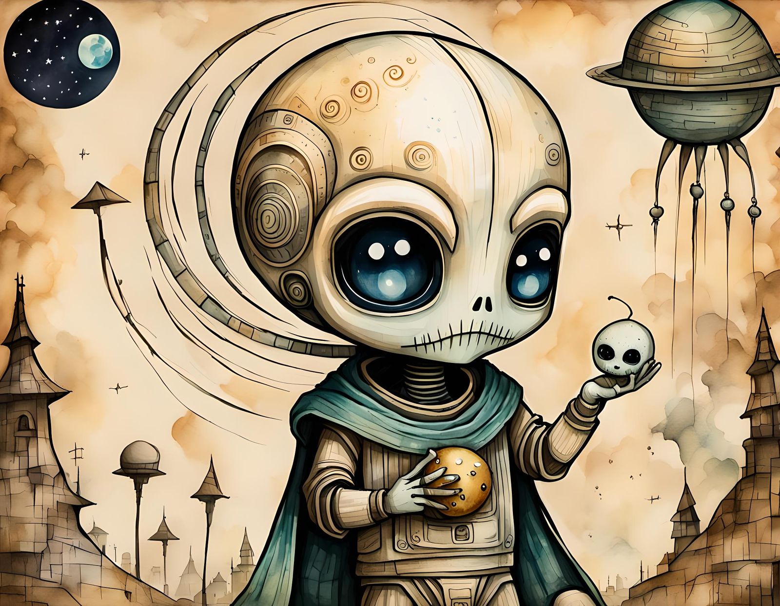 Chibi Alien with Doll: Ancient Papyrus Art