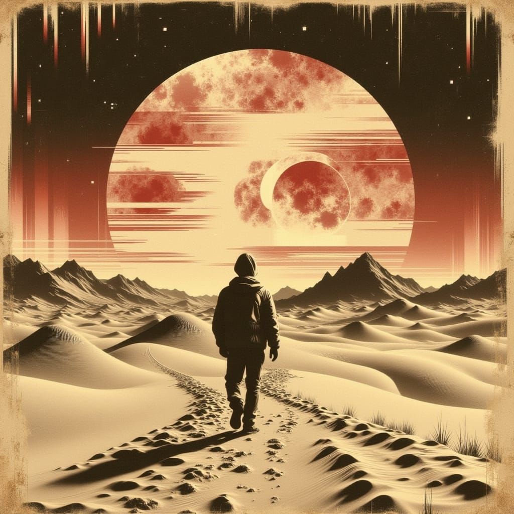 Sahara Desert Dawn Sketch: Explorer Tracking Across Sand