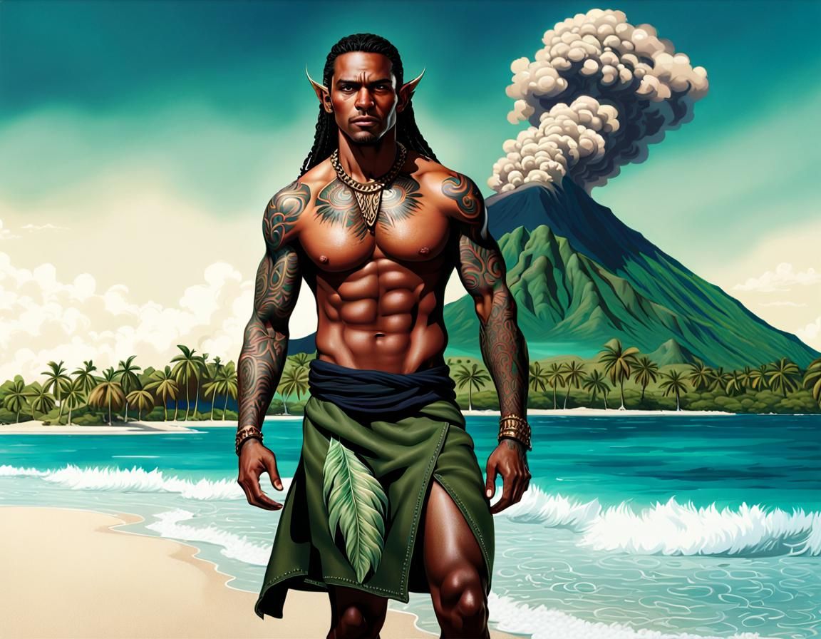 Melanesian Elf Warrior on Volcanic Island Beach
