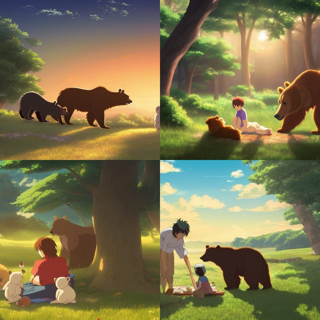 Bear Family Picnic in Studio Ghibli Style