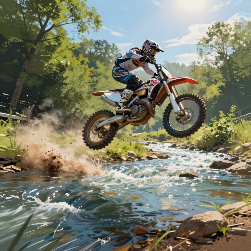 Motocross Rider Soars Over River in Dramatic Action Art