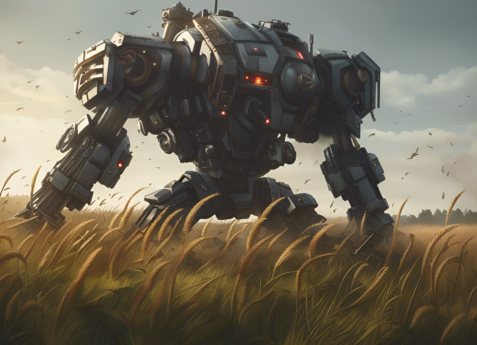 Giant Mech Stomping Through Fields in Hyperrealism