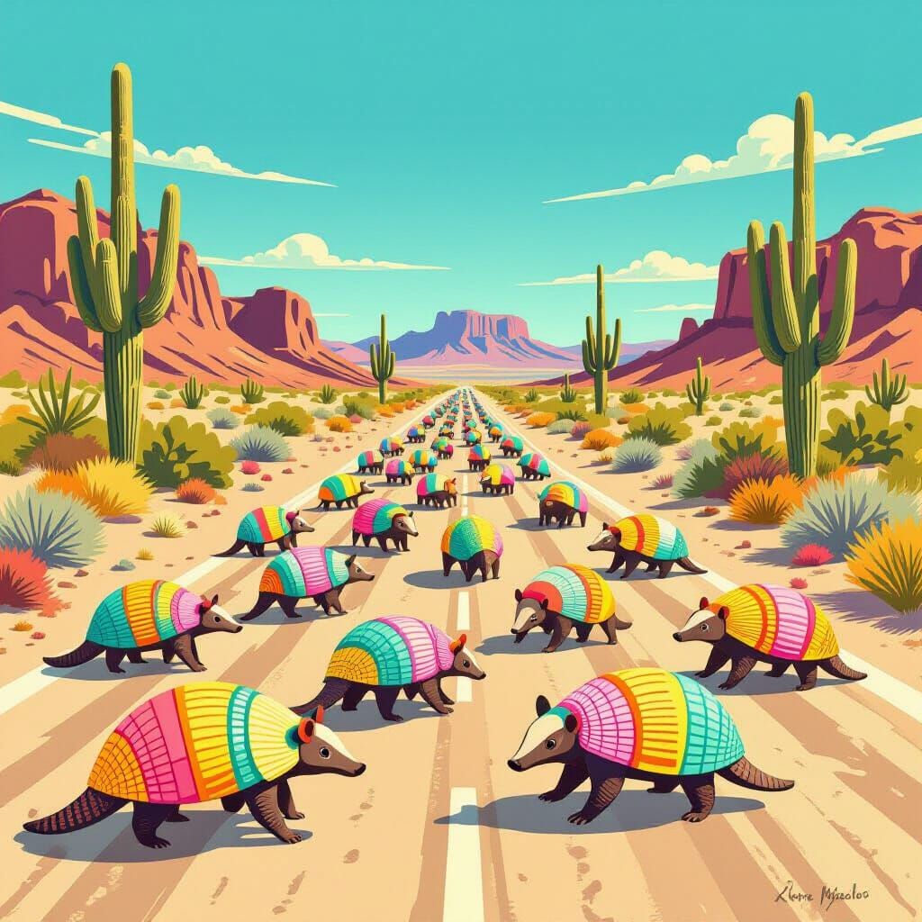 Colorful Armadillos Crossing Desert Street in Folk Art Style