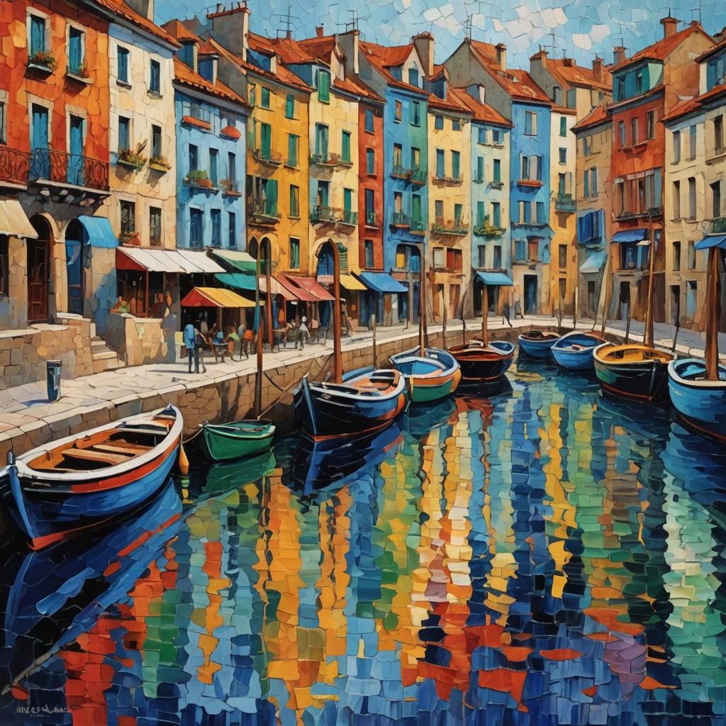 Street with Sailboats: Neo-Impressionist Oil Painting