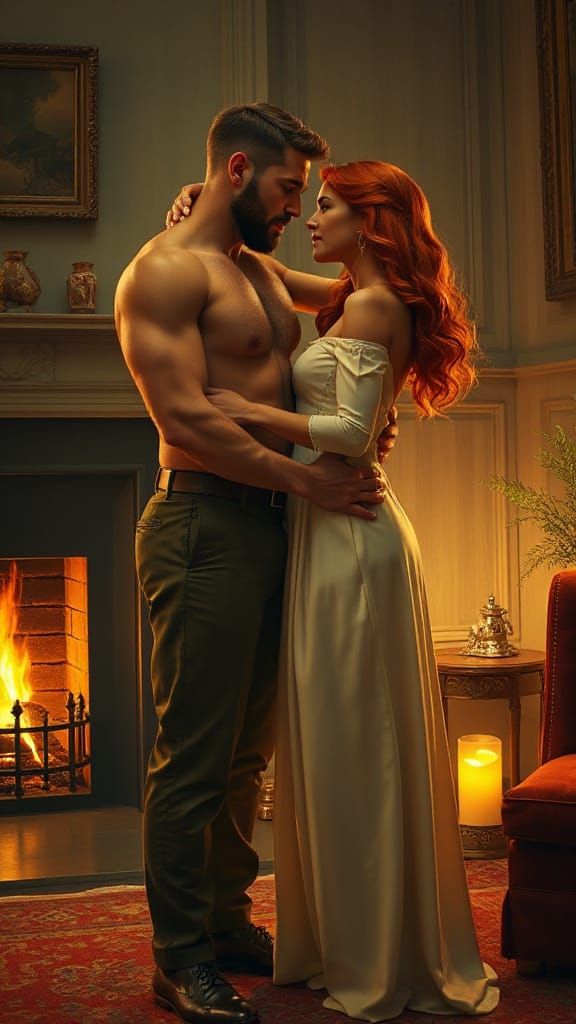 Passionate Embrace in Firelight: Romantic Realism