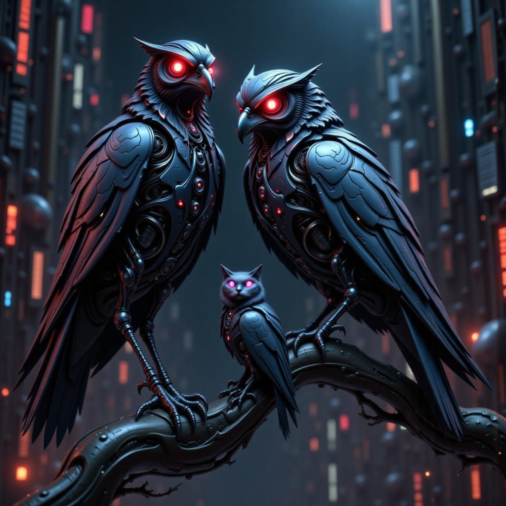 Robotic Animals in Cyberpunk Cityscape