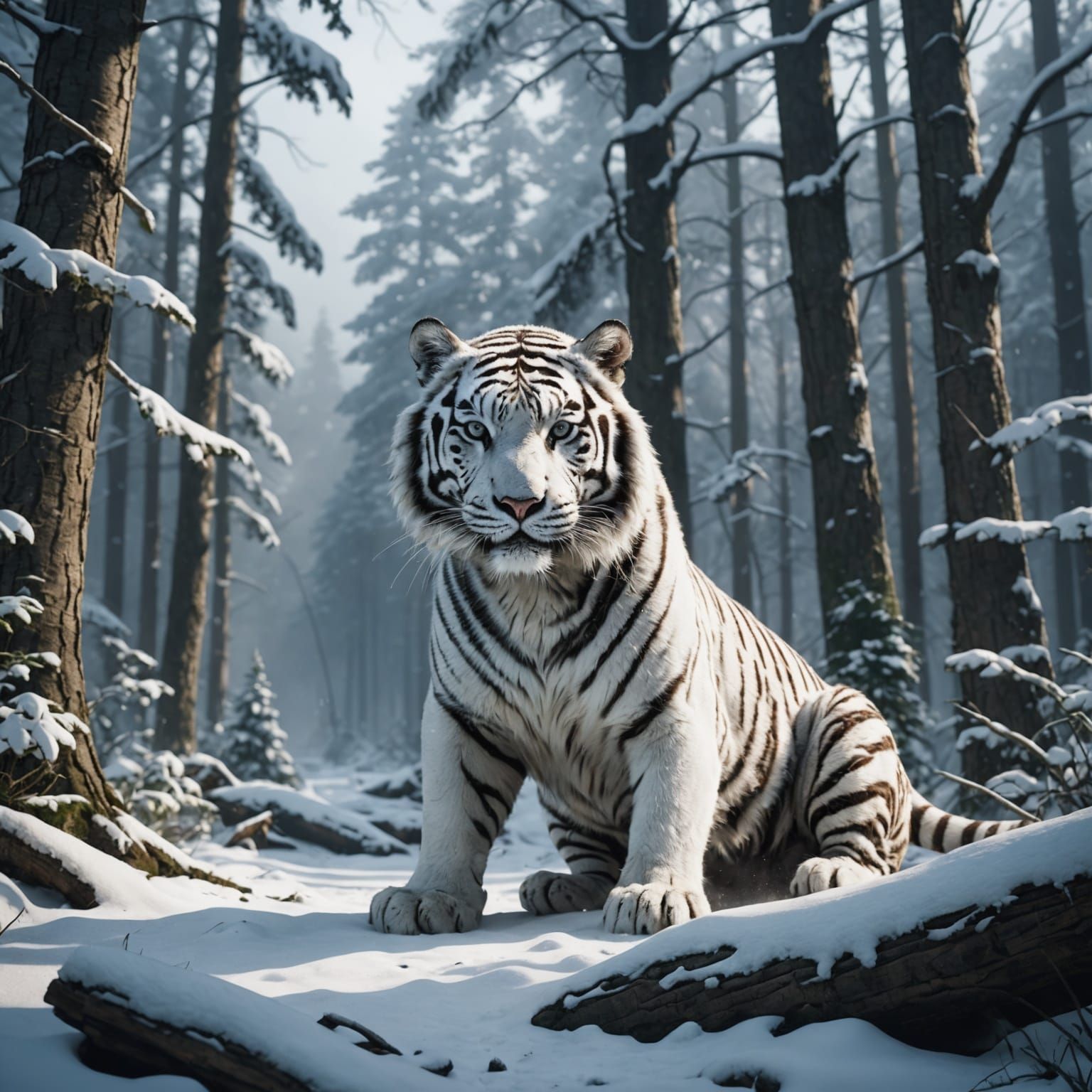 White Tiger Hunting in Snowy Forest: Detailed Matte Painting