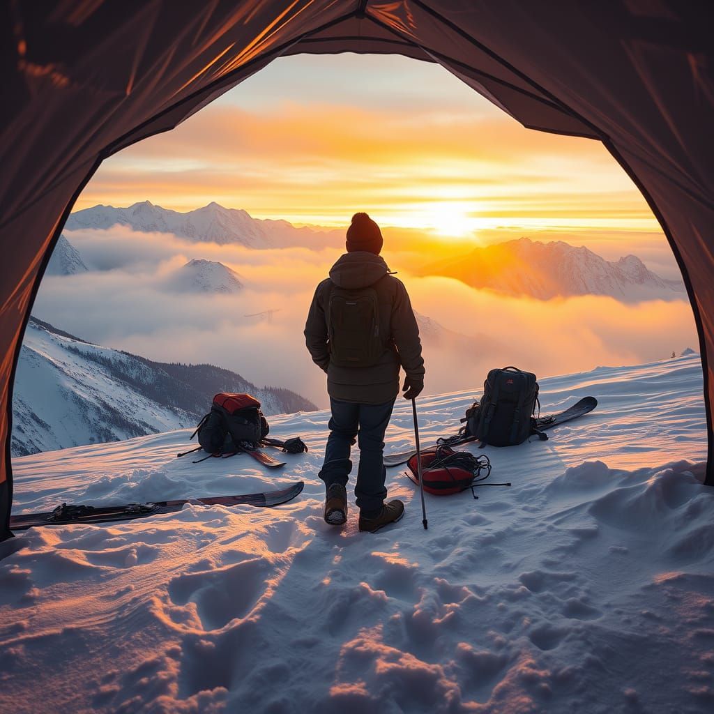 Winter Explorer Stands at Snowy Campsite in Majestic Mountai...