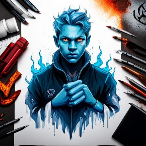 Teenage Demon engulfed in Blue Flames as Graffiti Art
