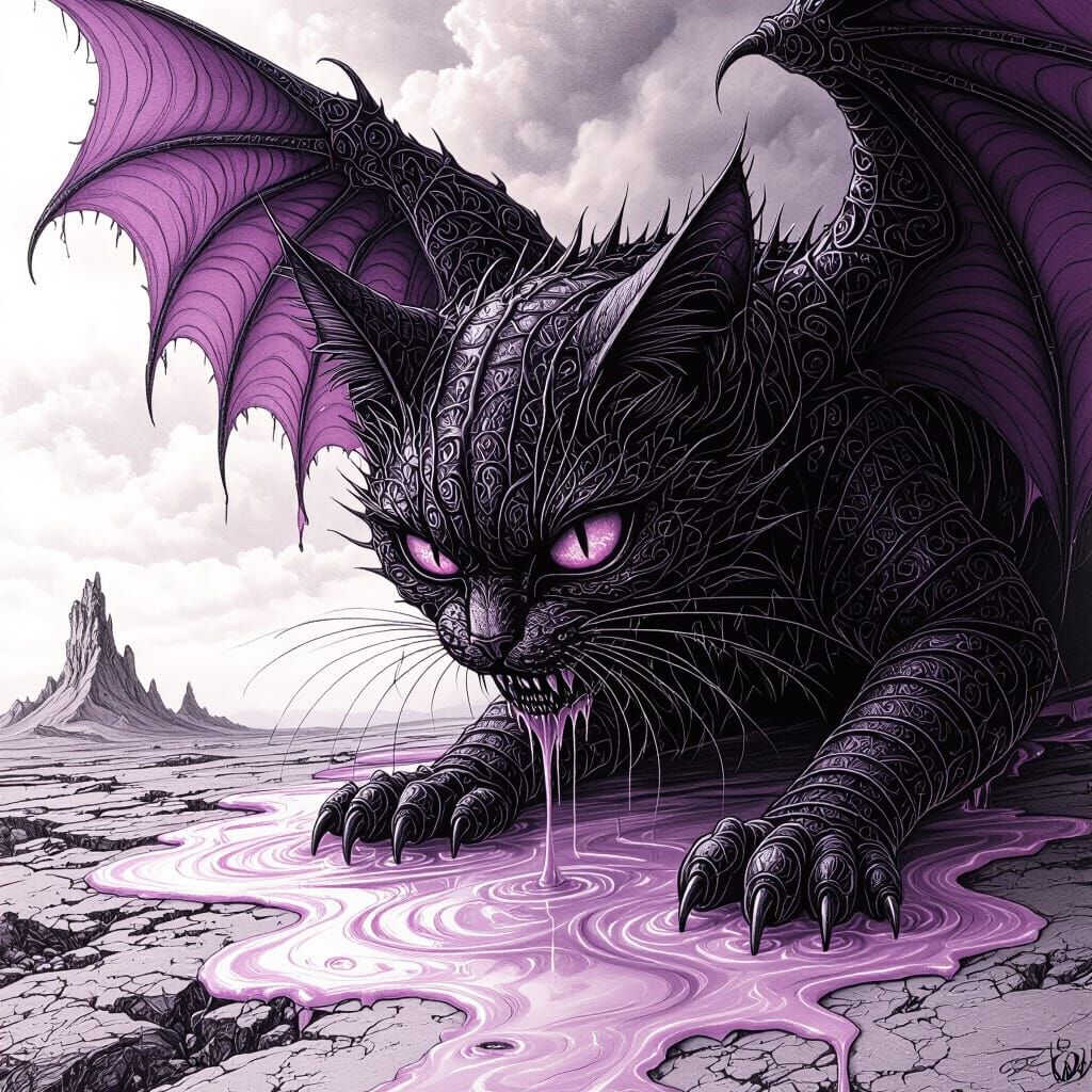 Grotesque Winged Cat in Dark Fantasy Style
