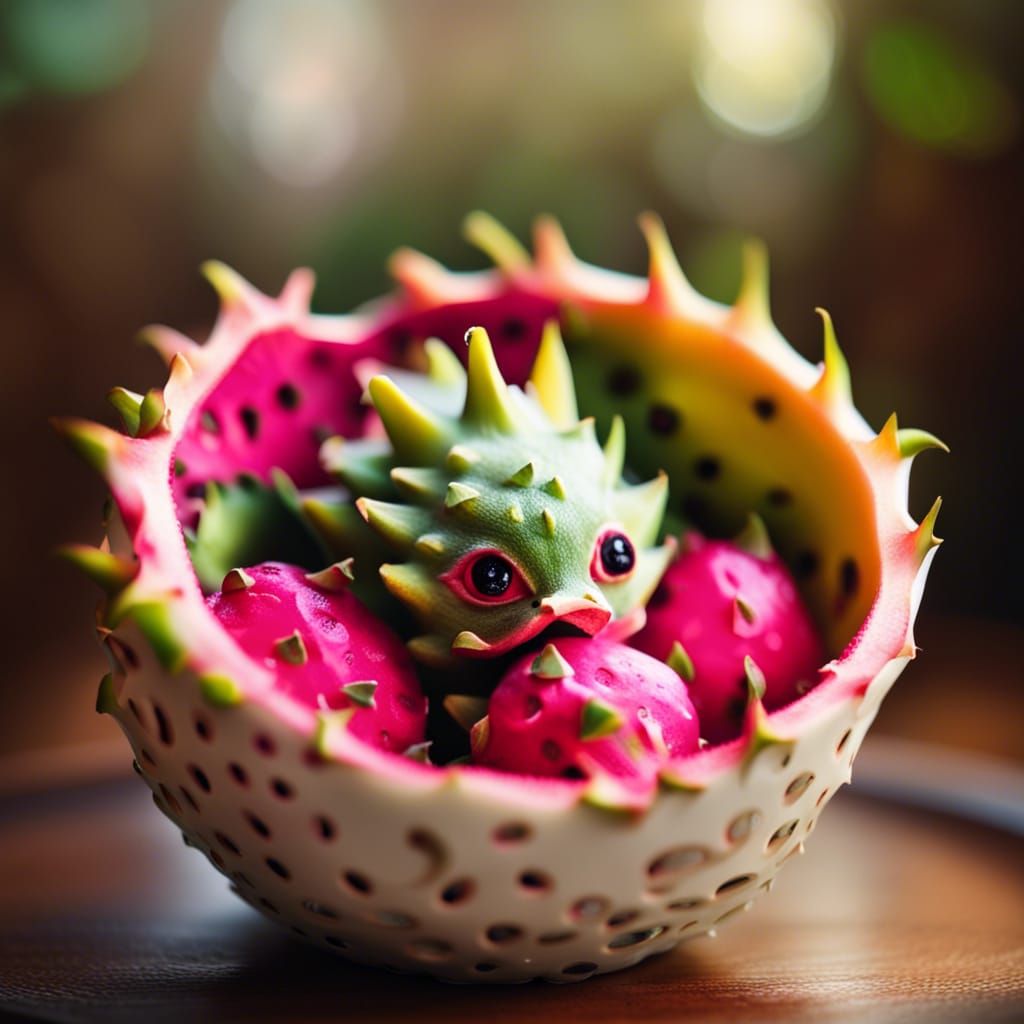 Hyperrealistic Fruit Bowl with Dragon Fruit