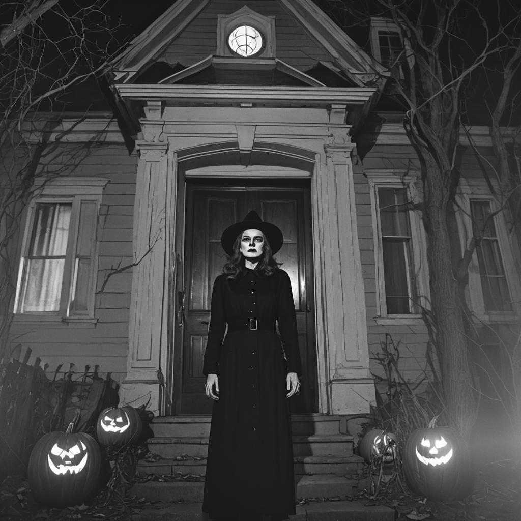 Film Noir Witch at Haunted Mansion in Black and White