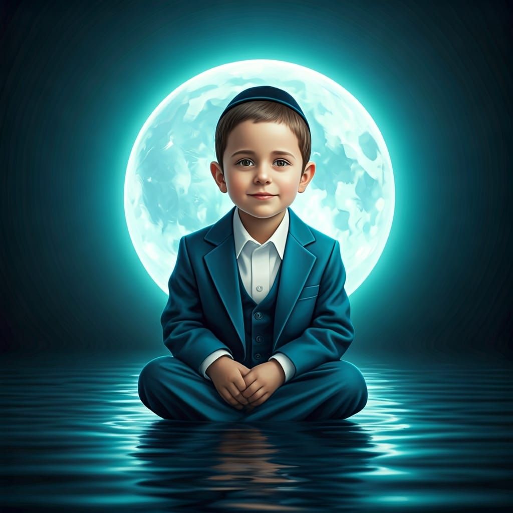Boy Under Turquoise Moon in Dreamlike Style