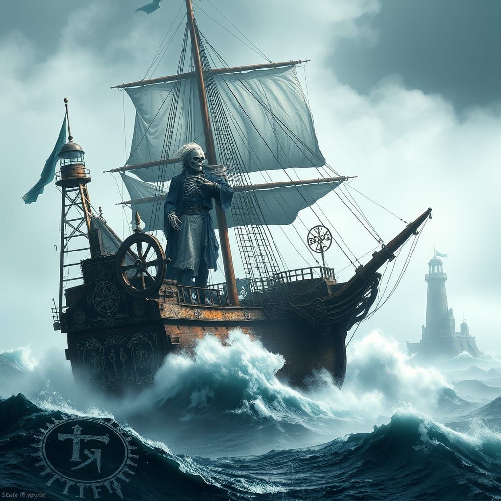 Ghostly Steampunk Ship Sailing Through Mist