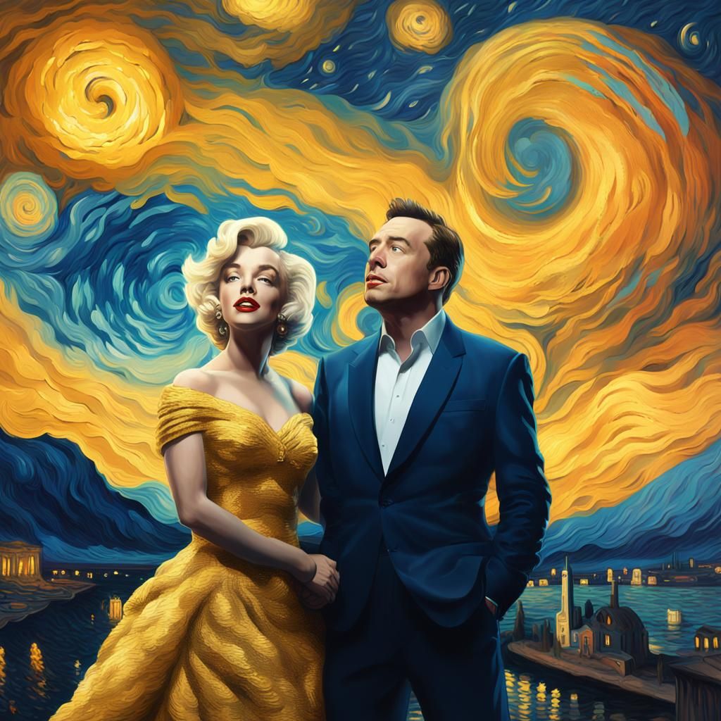 Monroe and Musk in Starry Night Pointillism