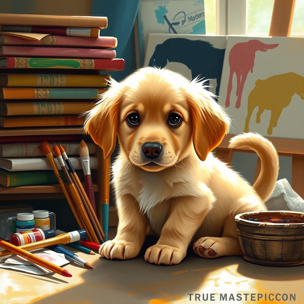 Golden Retriever Puppy Among Art Supplies in Classical Oil P...