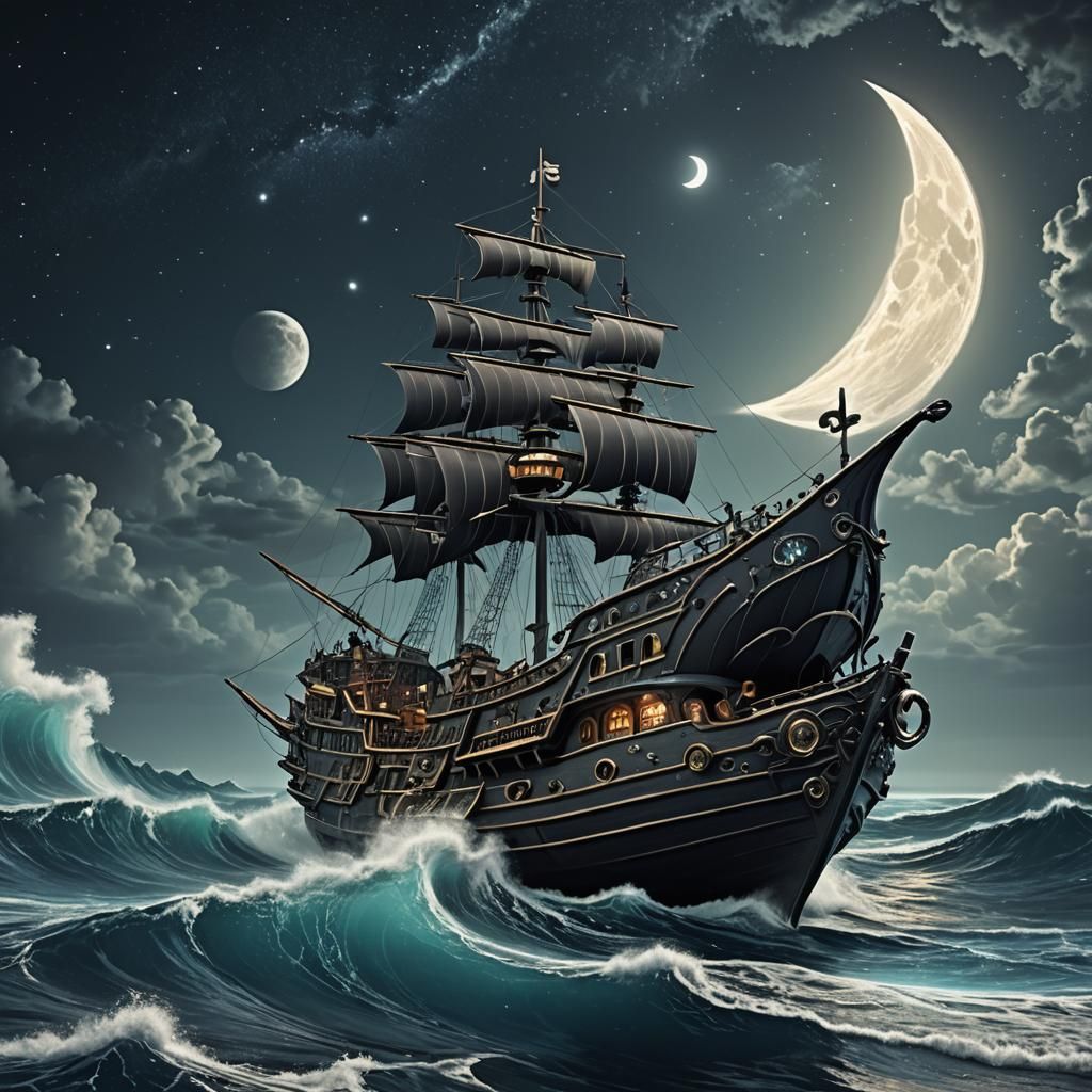 Futuristic Scallop Pirate Ship on Wavy Ocean