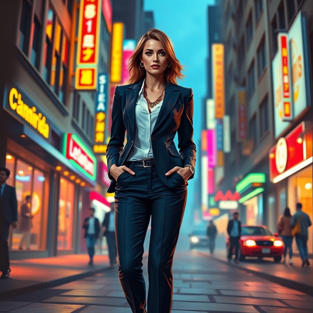 Confident Entrepreneur in Neon Cyberpunk Cityscape
