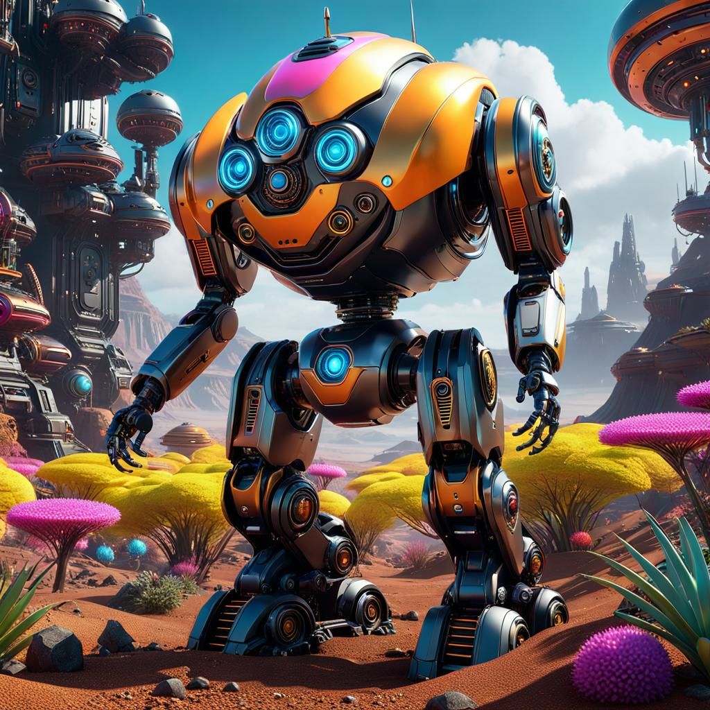 Friendly Robot on Alien World, Sci-Fi Art